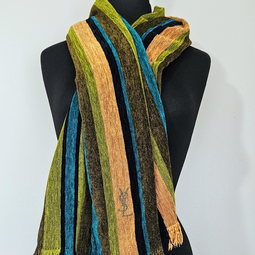 YSL Chenille scarf Striped fringed designer luxury